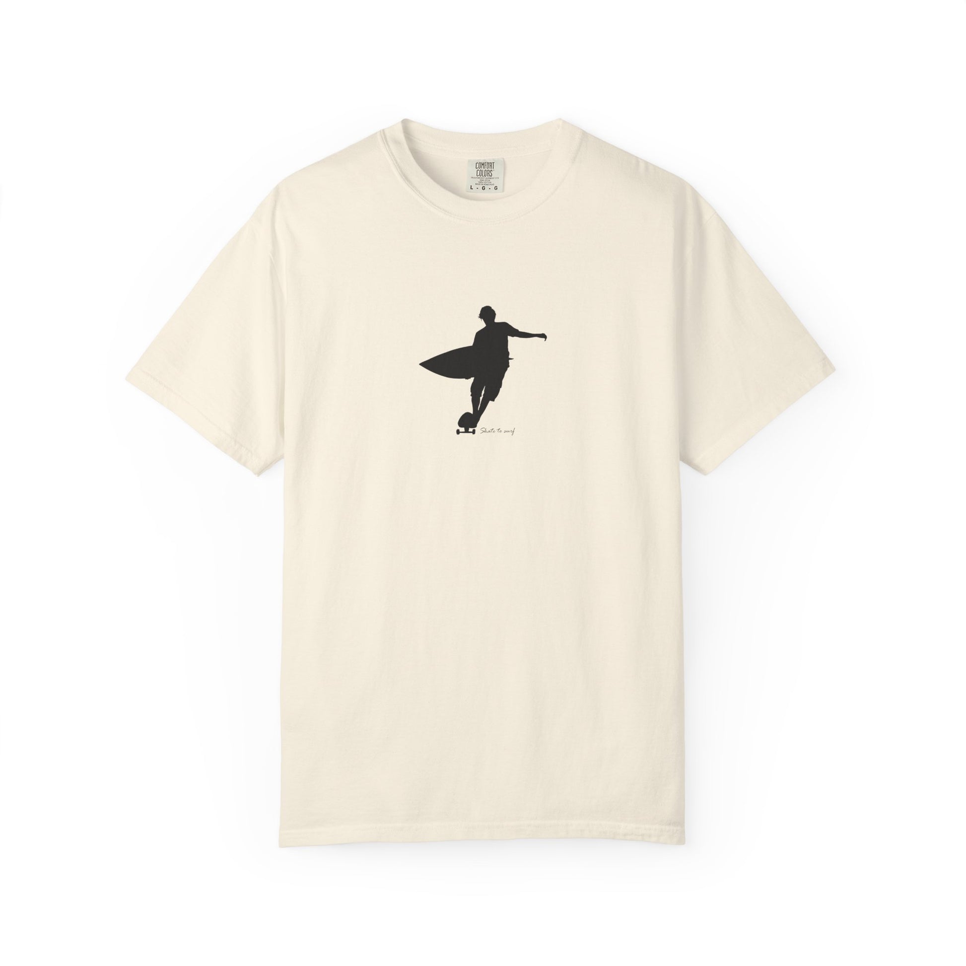 Minimal surfer silhouette graphic t-shirt with surfboard coastal surf design