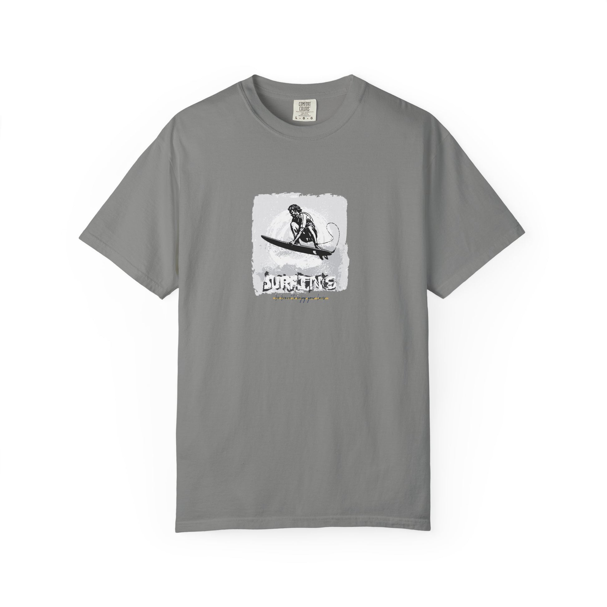 gray t-shirt with soccer graphic and text 'I'm Very Goal Oriented' on a white background