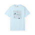 A light blue short-sleeve crewneck t-shirt featuring a central graphic print of mathematical formulas, equations, and doodles in black, red, and blue, displayed against a plain white background.