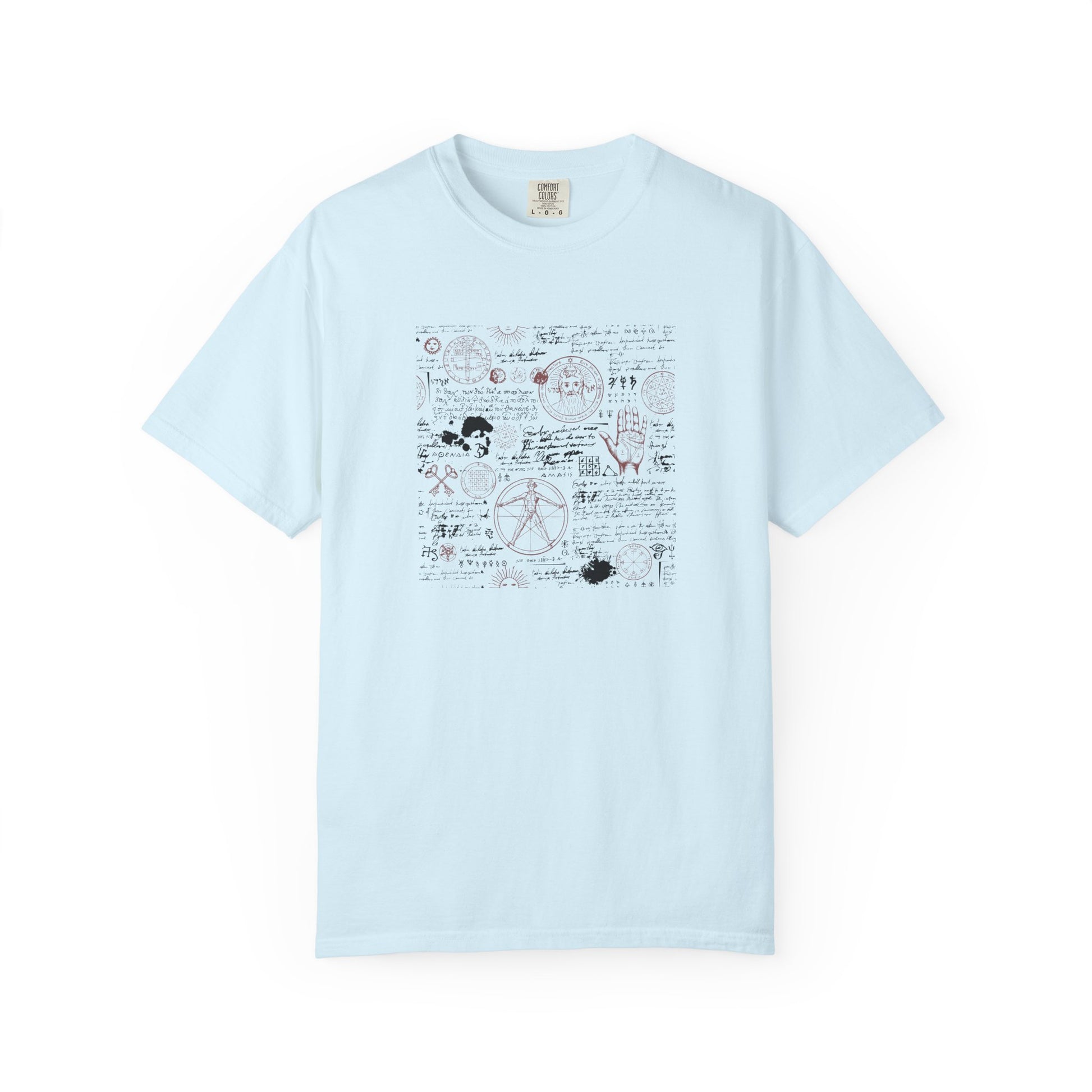 A light blue short-sleeve crewneck t-shirt featuring a central graphic print of mathematical formulas, equations, and doodles in black, red, and blue, displayed against a plain white background.