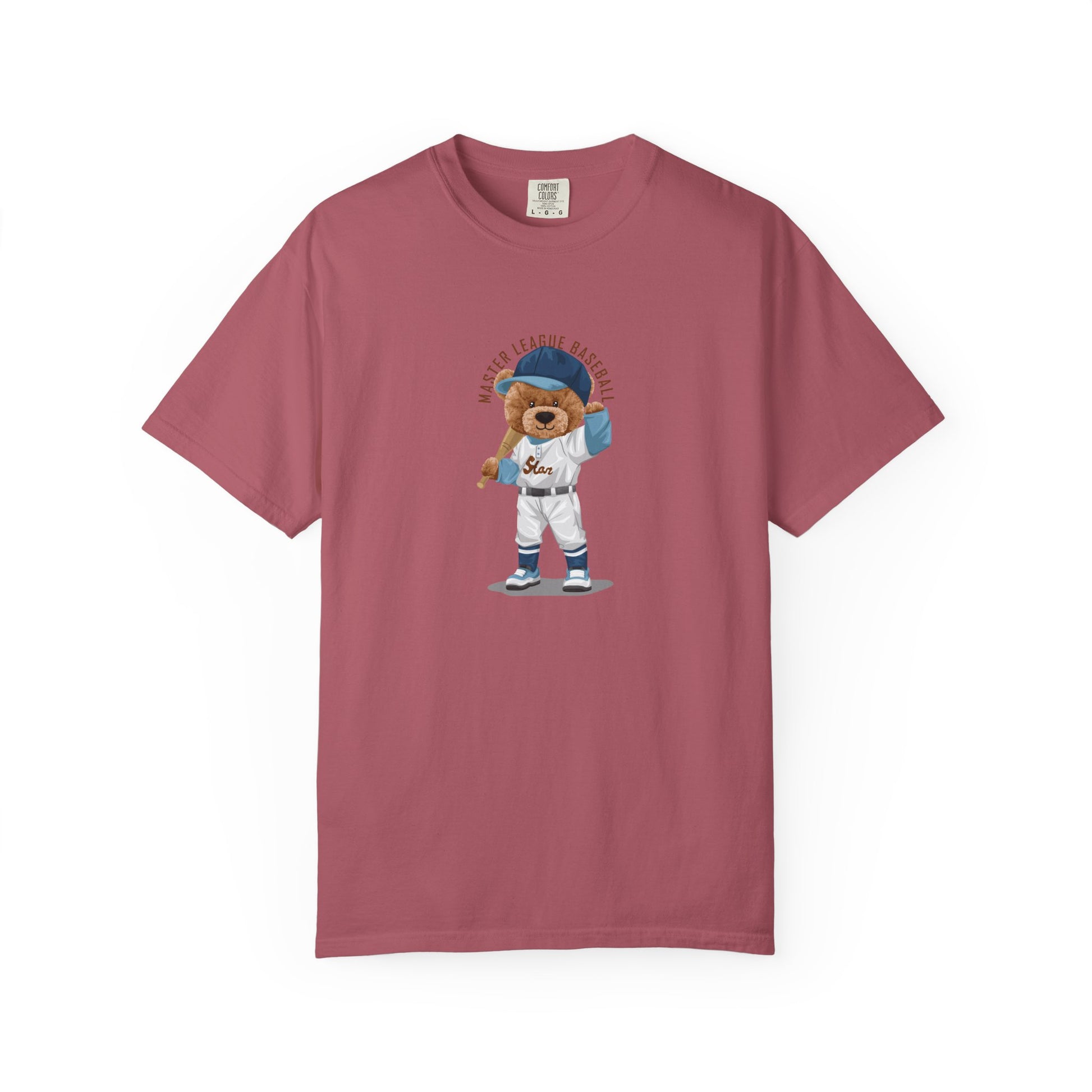 Maroon t-shirt with a bear wearing a baseball uniform on a white background