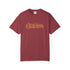 A maroon short-sleeve crewneck t-shirt featuring the word 'CALIFORNIA' printed across the chest in a stylized, metallic gold font, displayed against a plain white background.