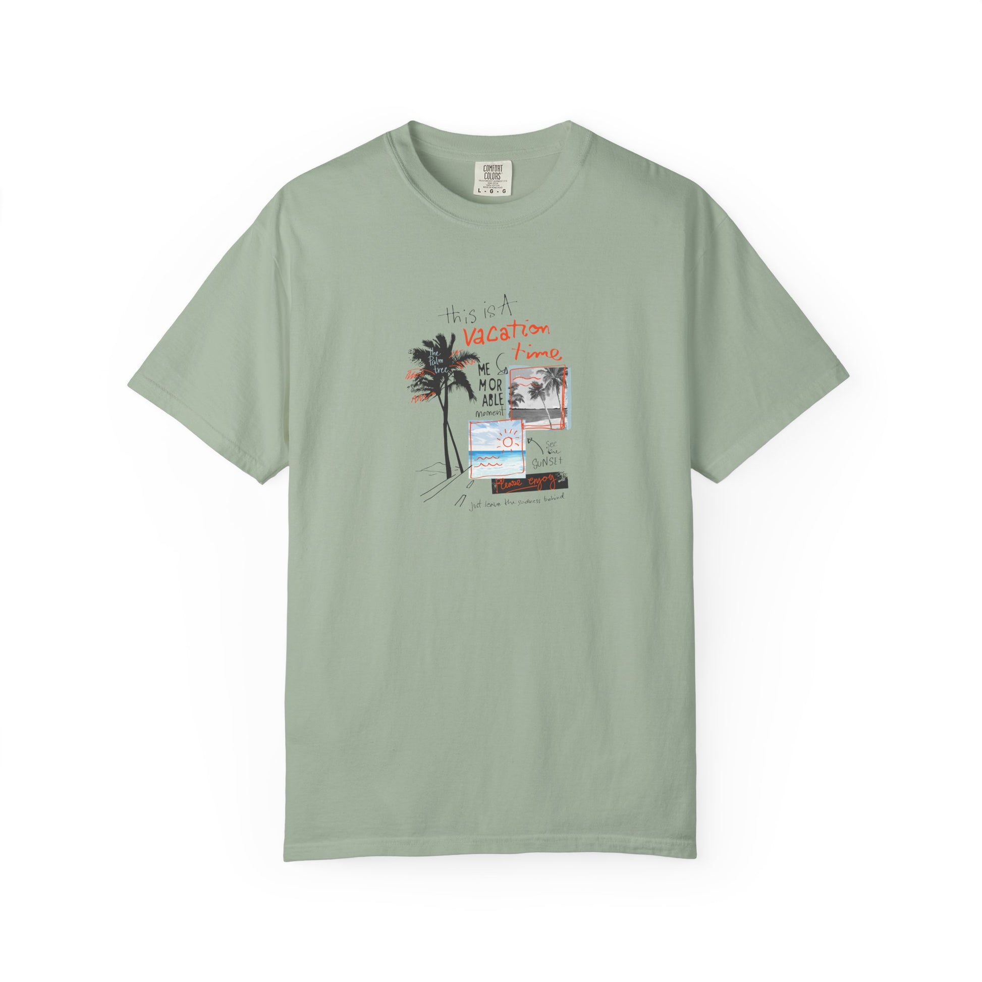Green t-shirt with a graphic design on a white background