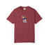 Maroon t-shirt with a bear graphic in a blue jersey on a white background