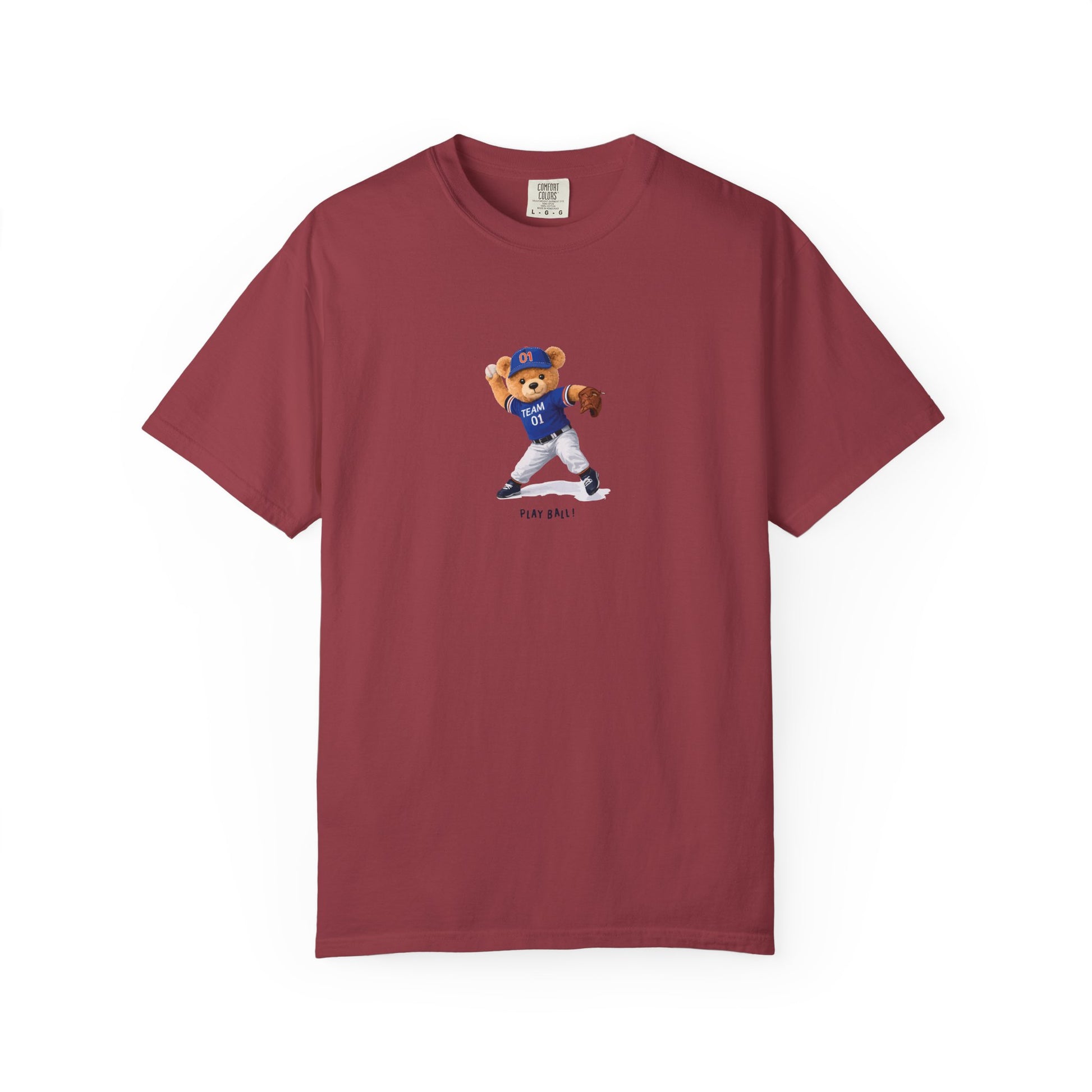 Maroon t-shirt with a bear graphic in a blue jersey on a white background