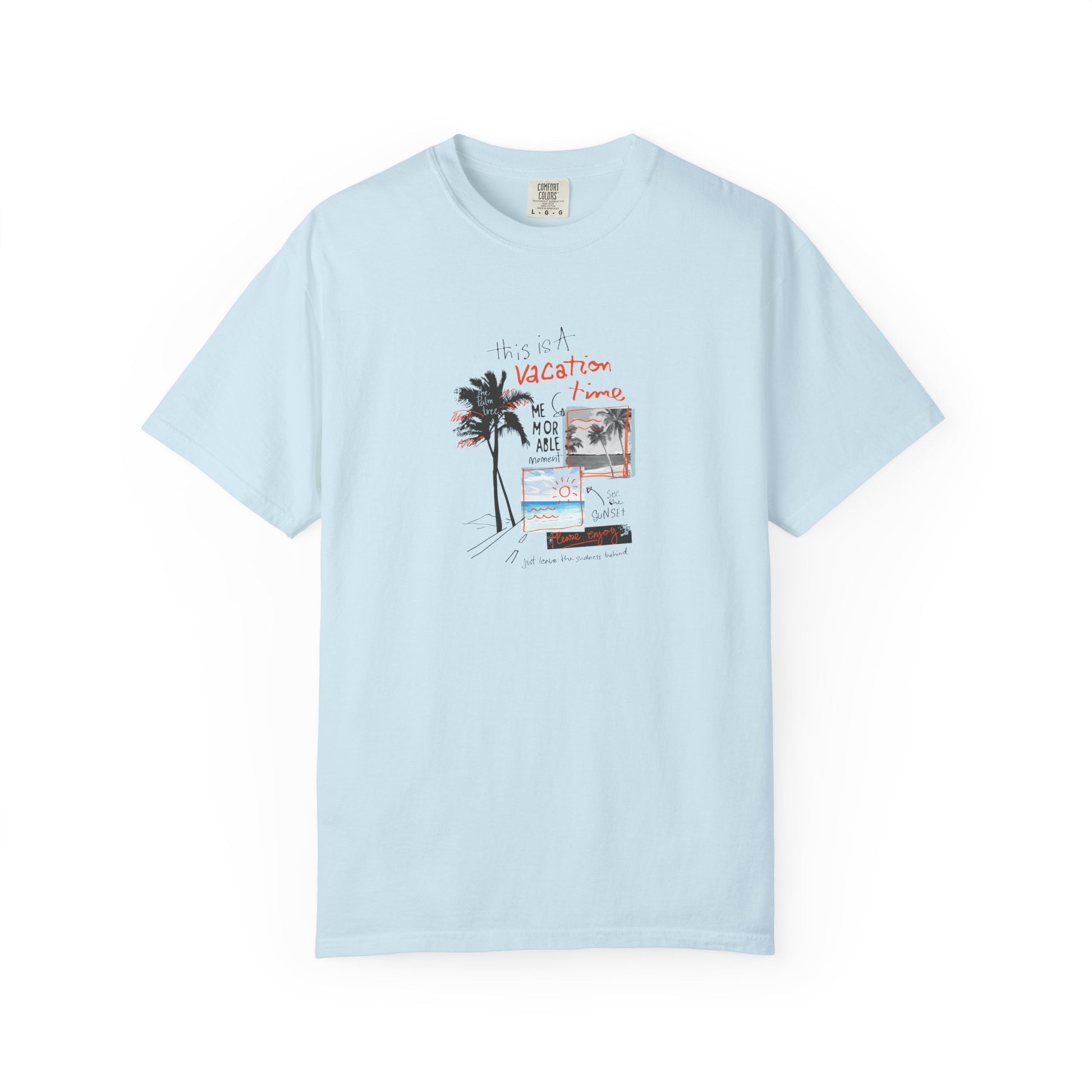 Light blue t-shirt with a graphic design on a white background