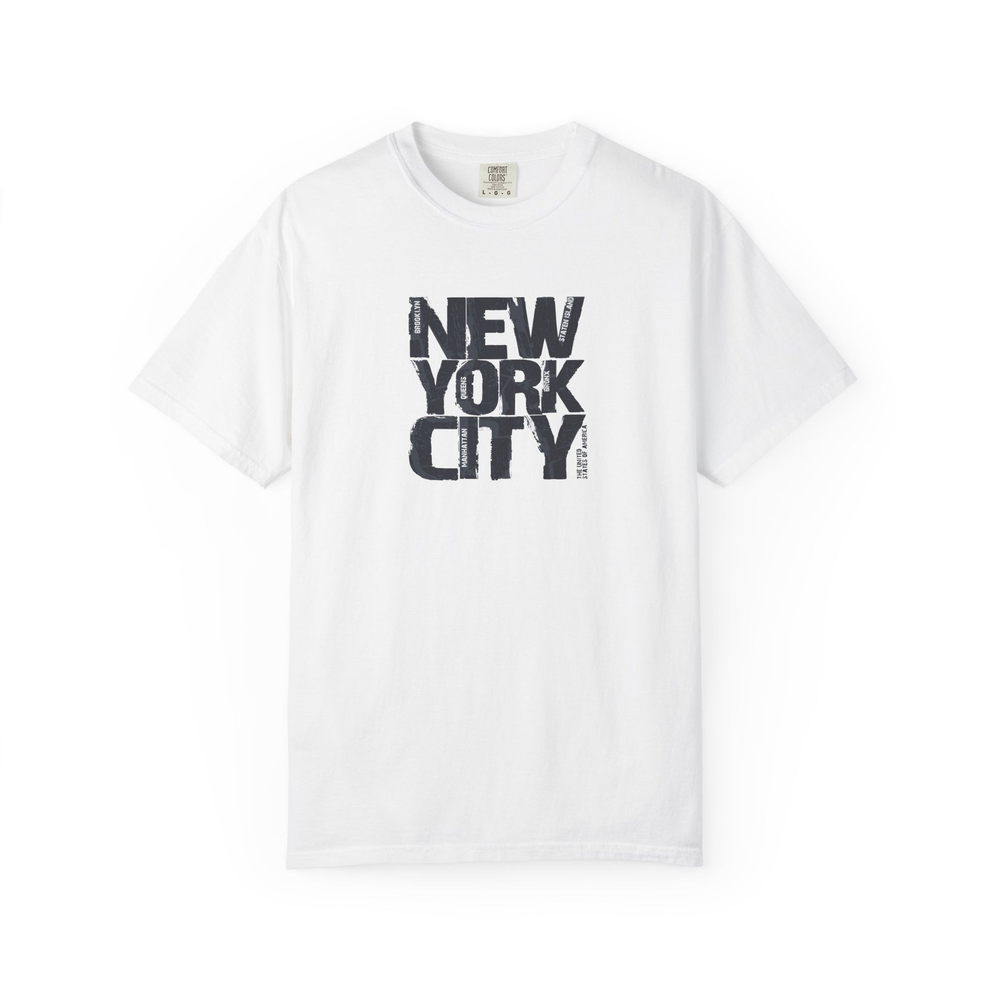 White t-shirt with 'New York City' text on a white background