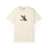Minimal female surfer riding wave graphic t-shirt with surfboard coastal surf design