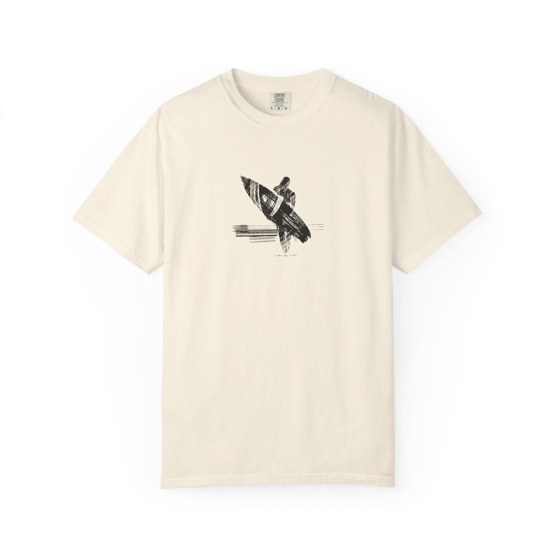 Minimal female surfer riding wave graphic t-shirt with surfboard coastal surf design