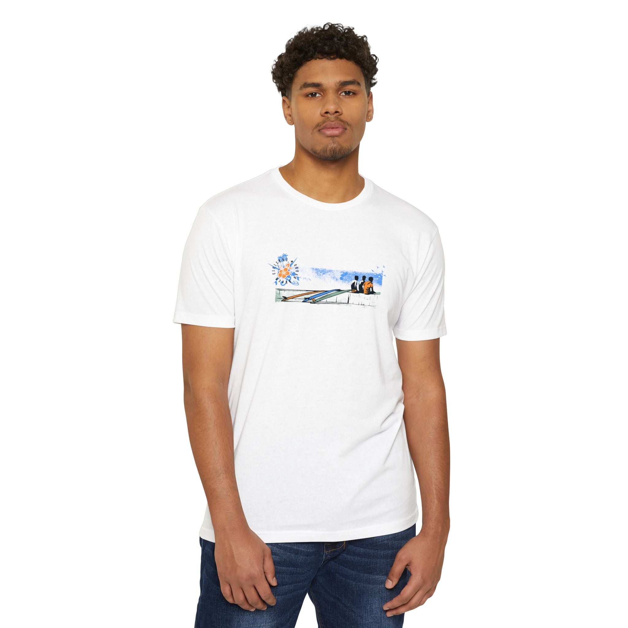 Ocean surf lifestyle graphic tee with surfboards and surfers coastal beach scene