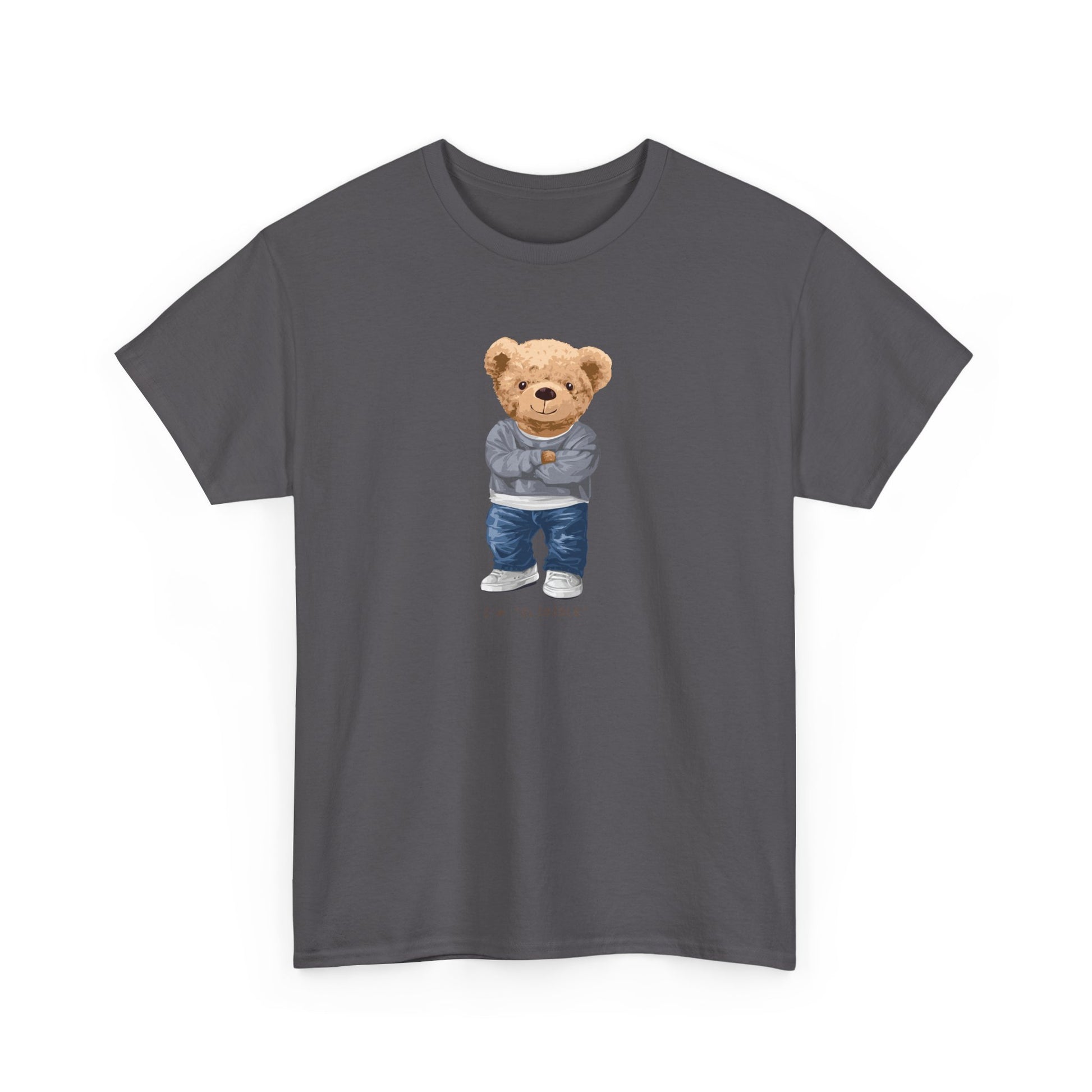 Gray t-shirt with a teddy bear graphic on a white background