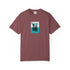 Maroon t-shirt with a tropical graphic on a white background