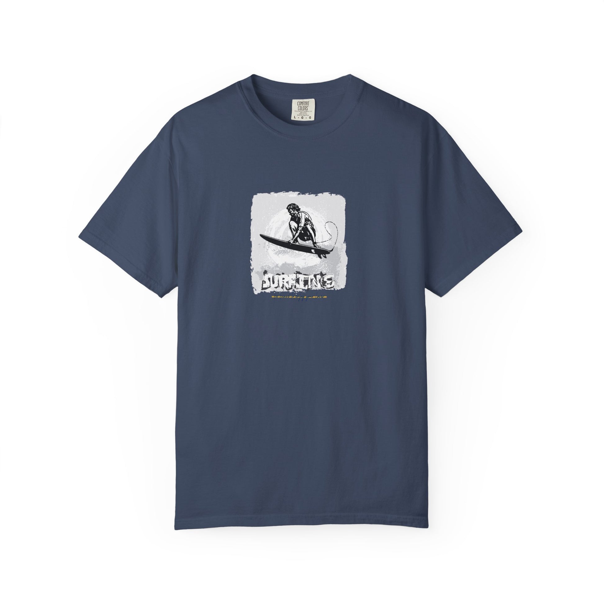 Navy blue t-shirt with a graphic design on a white background
