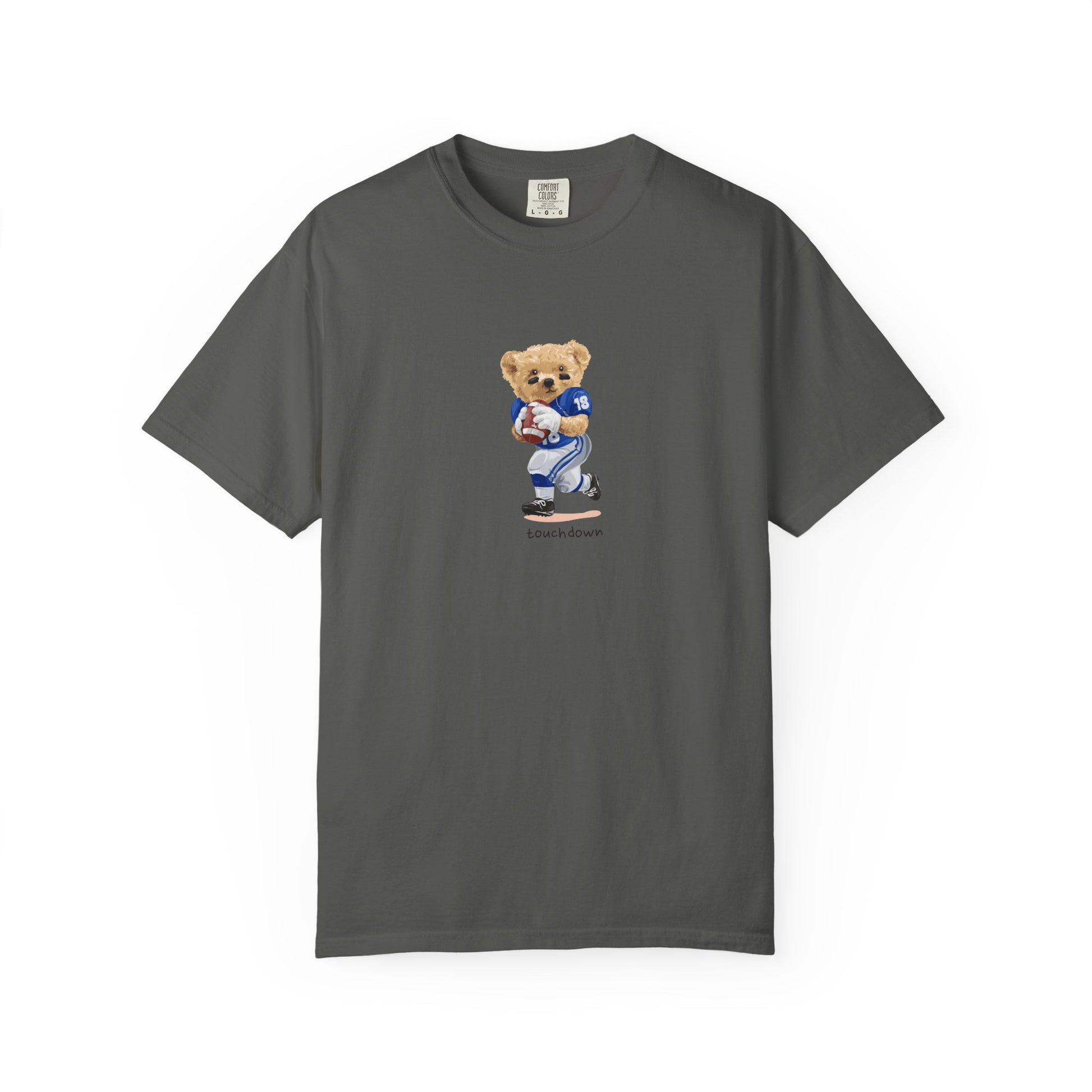 Gray t-shirt with a cartoon frog graphic and text on a white background
