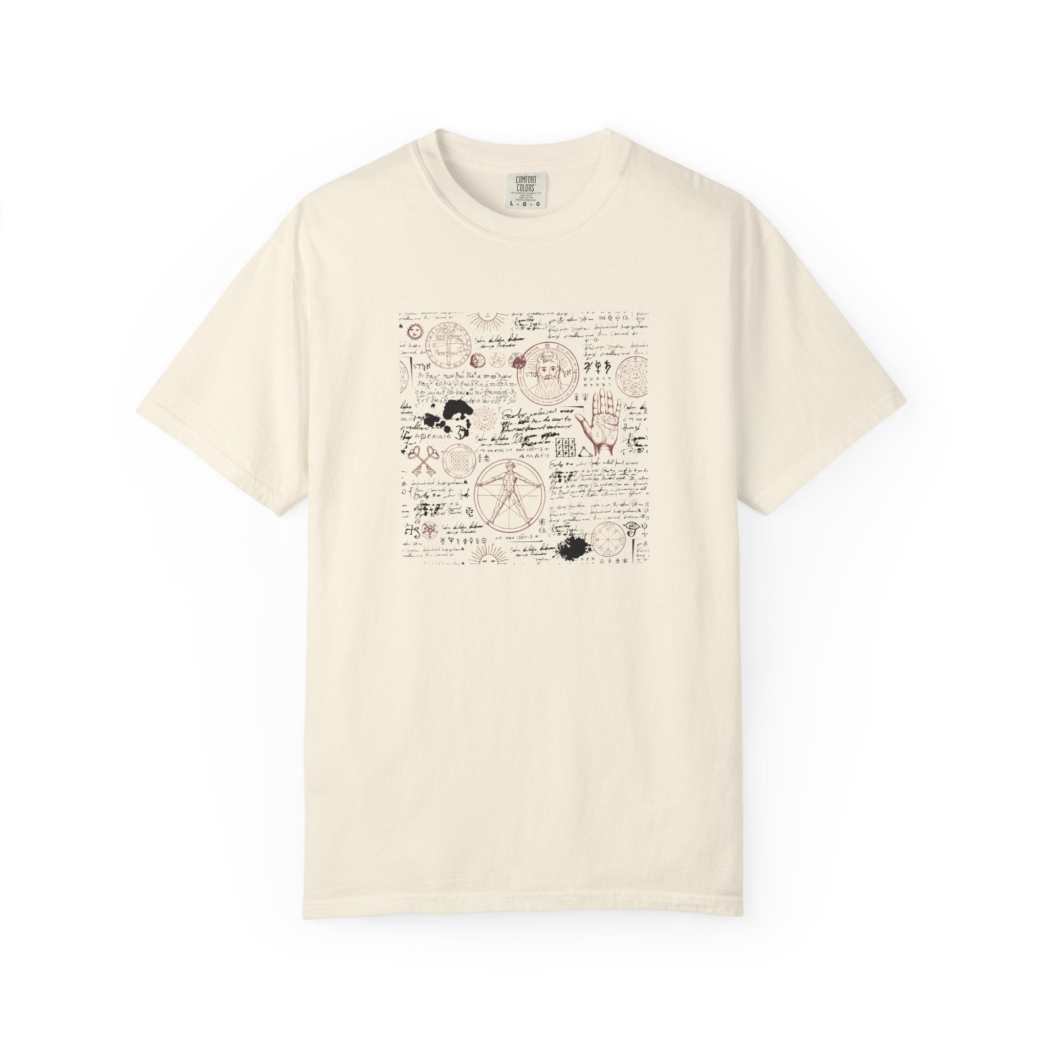 An off-white short-sleeve crewneck t-shirt featuring a central graphic print of vintage-style mathematical equations, formulas, and doodles in black and muted pink.