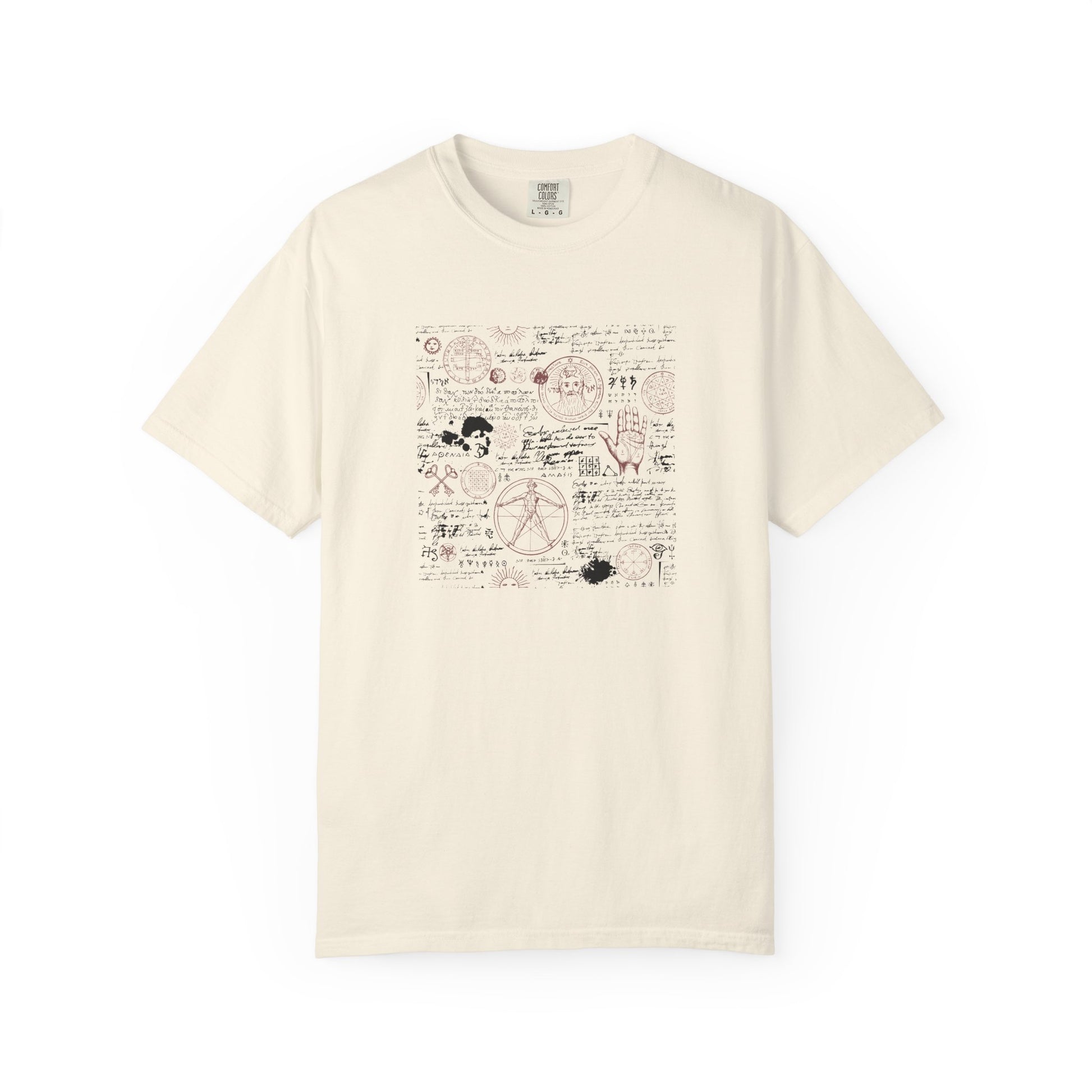 An off-white short-sleeve crewneck t-shirt featuring a central graphic print of vintage-style mathematical equations, formulas, and doodles in black and muted pink.