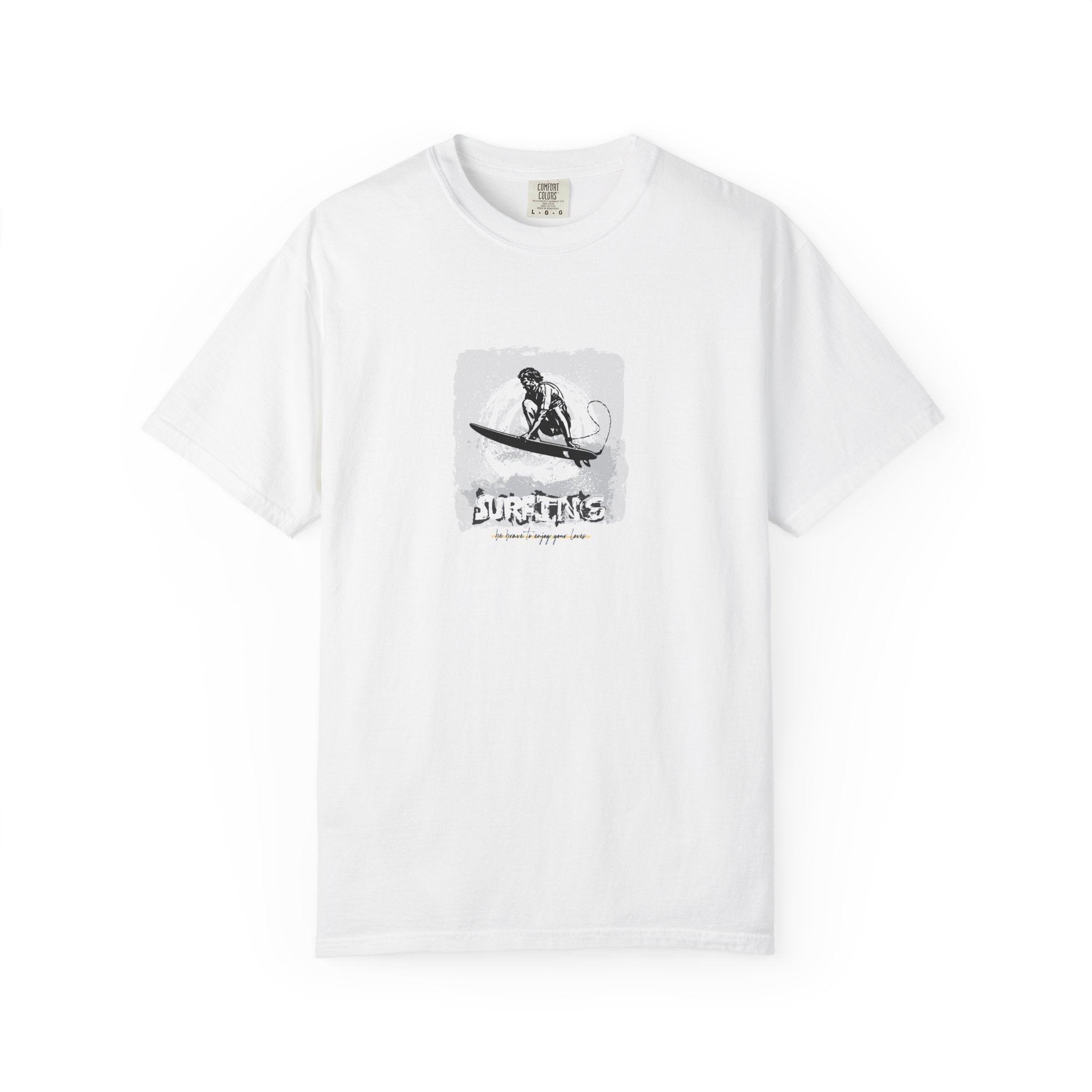White t-shirt with graphic design on a white background