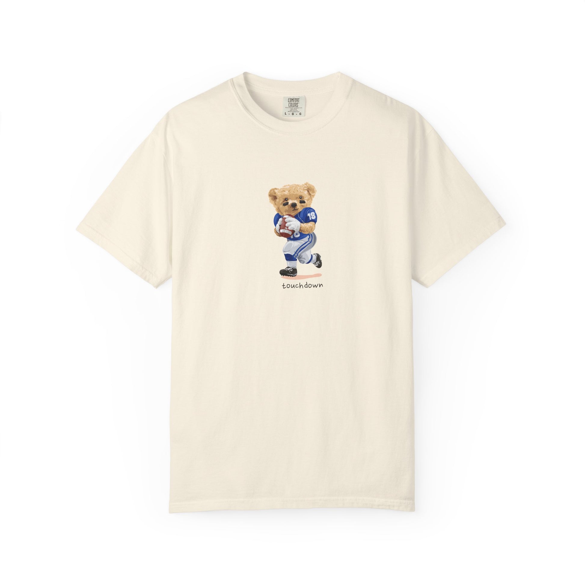 Beige t-shirt with a bear graphic and text 