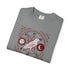 A folded gray crewneck t-shirt featuring a detailed occult-style graphic print with a bird, pentagram, moon phases, and red runic text on a white background.