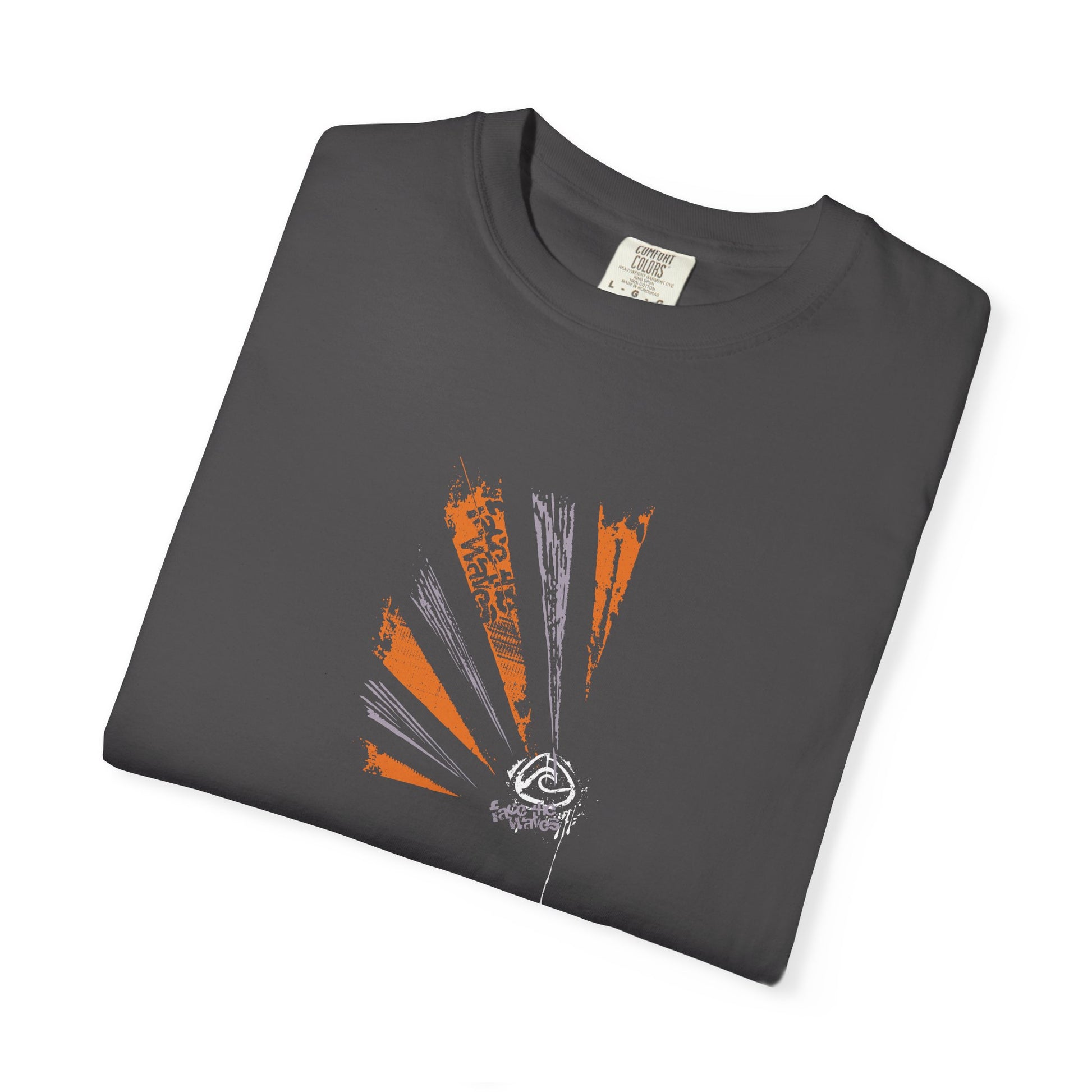 Folded navy blue t-shirt with surfing style design 