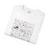 A folded white crewneck t-shirt featuring a vintage-style occult graphic print with hand-drawn pentagrams, a hand, a snake, and cursive script in muted red and black.