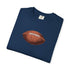 Folded navy blue t-shirt with a brown football graphic on a white background