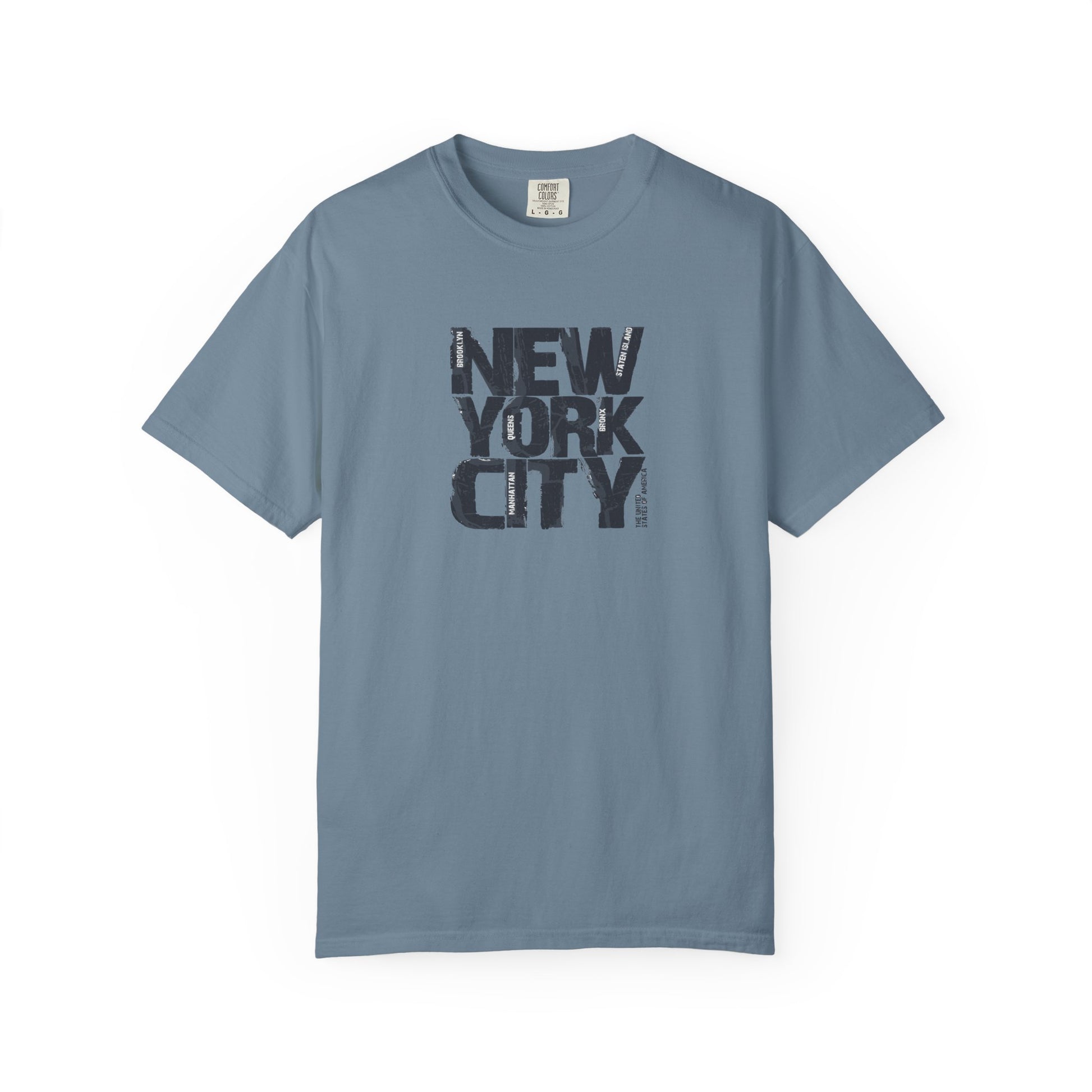 Blue t-shirt with 'New York City' text on a white background