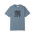 Blue t-shirt with 'New York City' text on a white background