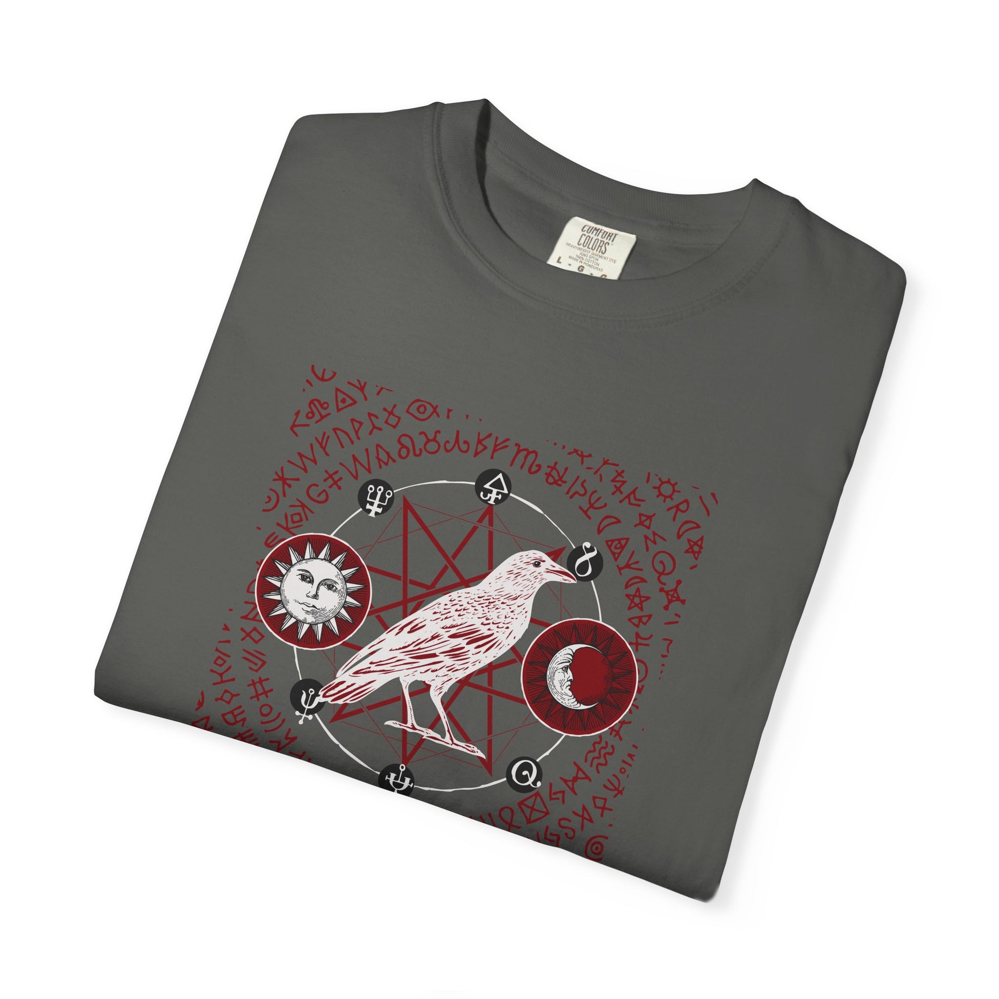 Black t-shirt with a geometric design on a white background