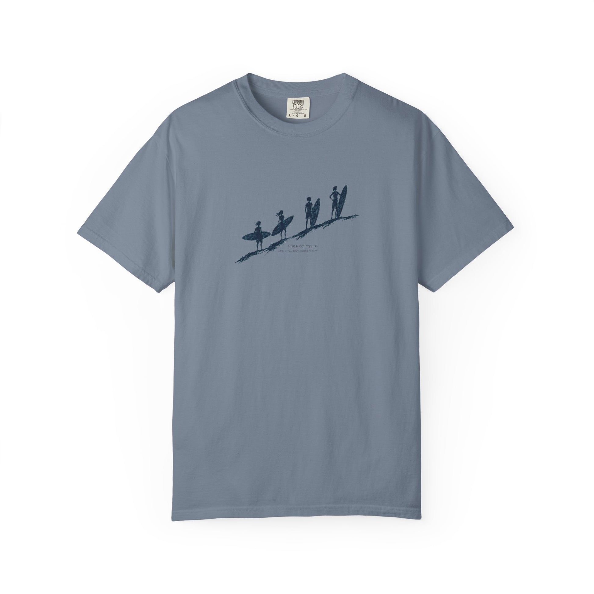 blue  t-shirt with 'River Down FL' text on a white background