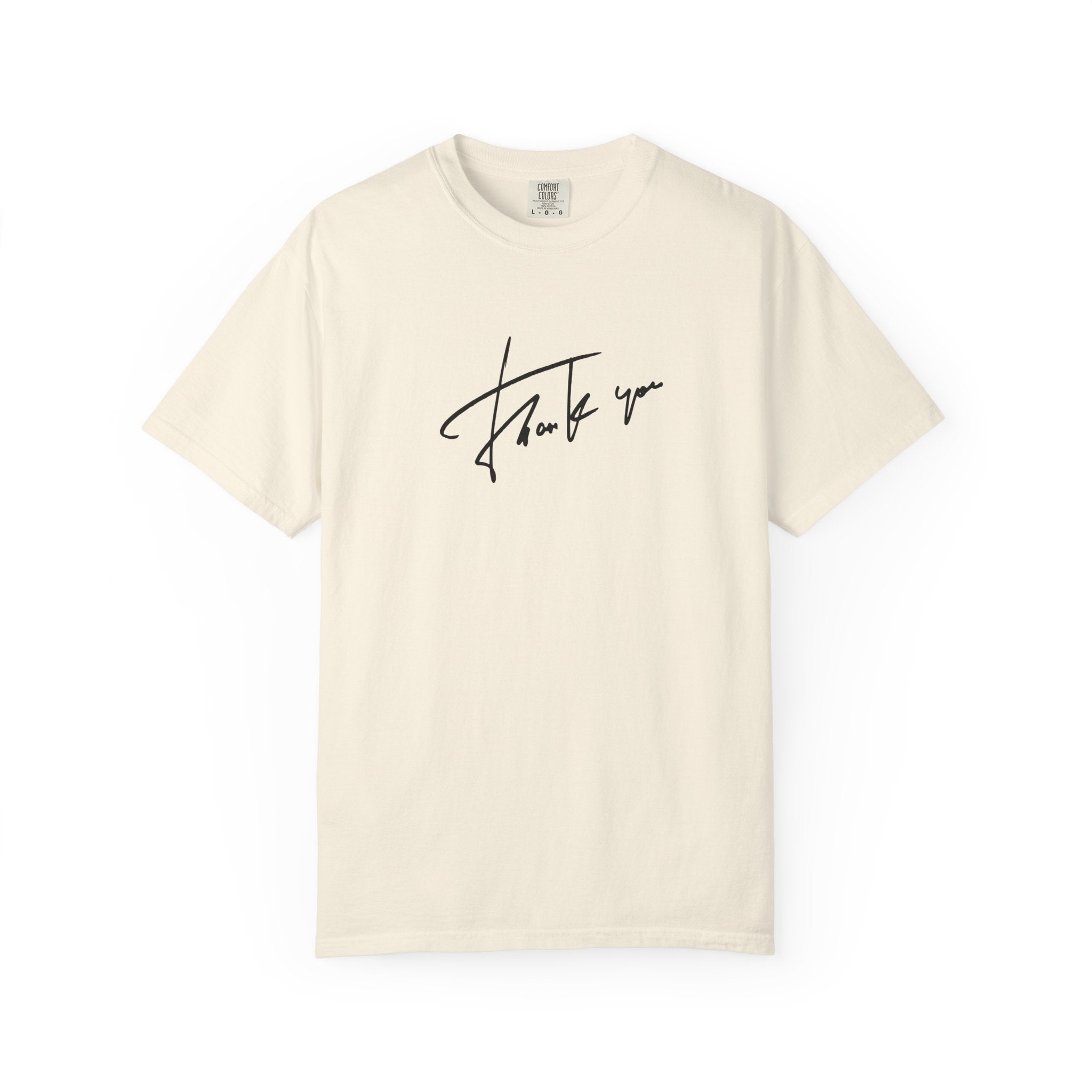 Beige t-shirt with a thanks graphic 