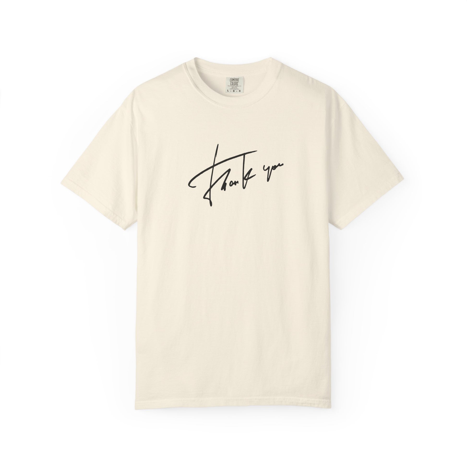 Beige t-shirt with a thanks graphic 