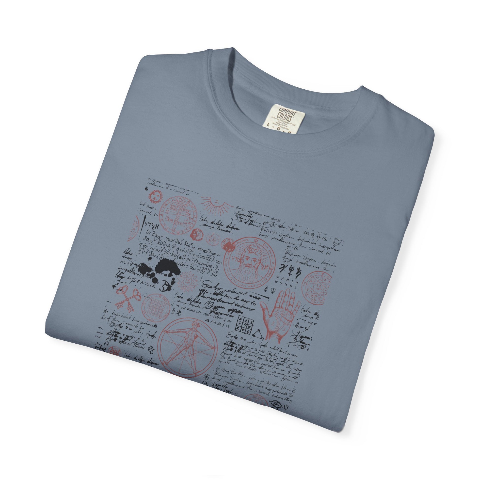 Folded green t-shirt with black graphic design on a white background