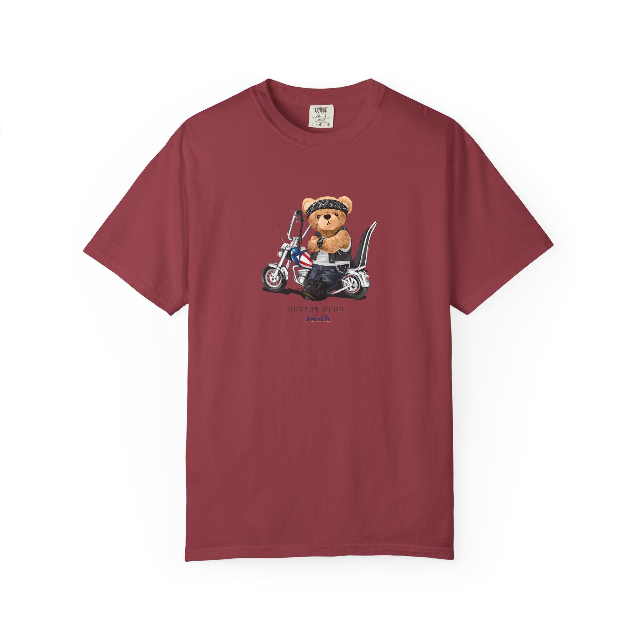 Maroon t-shirt with a teddy bear on a motorcycle graphic on a white background