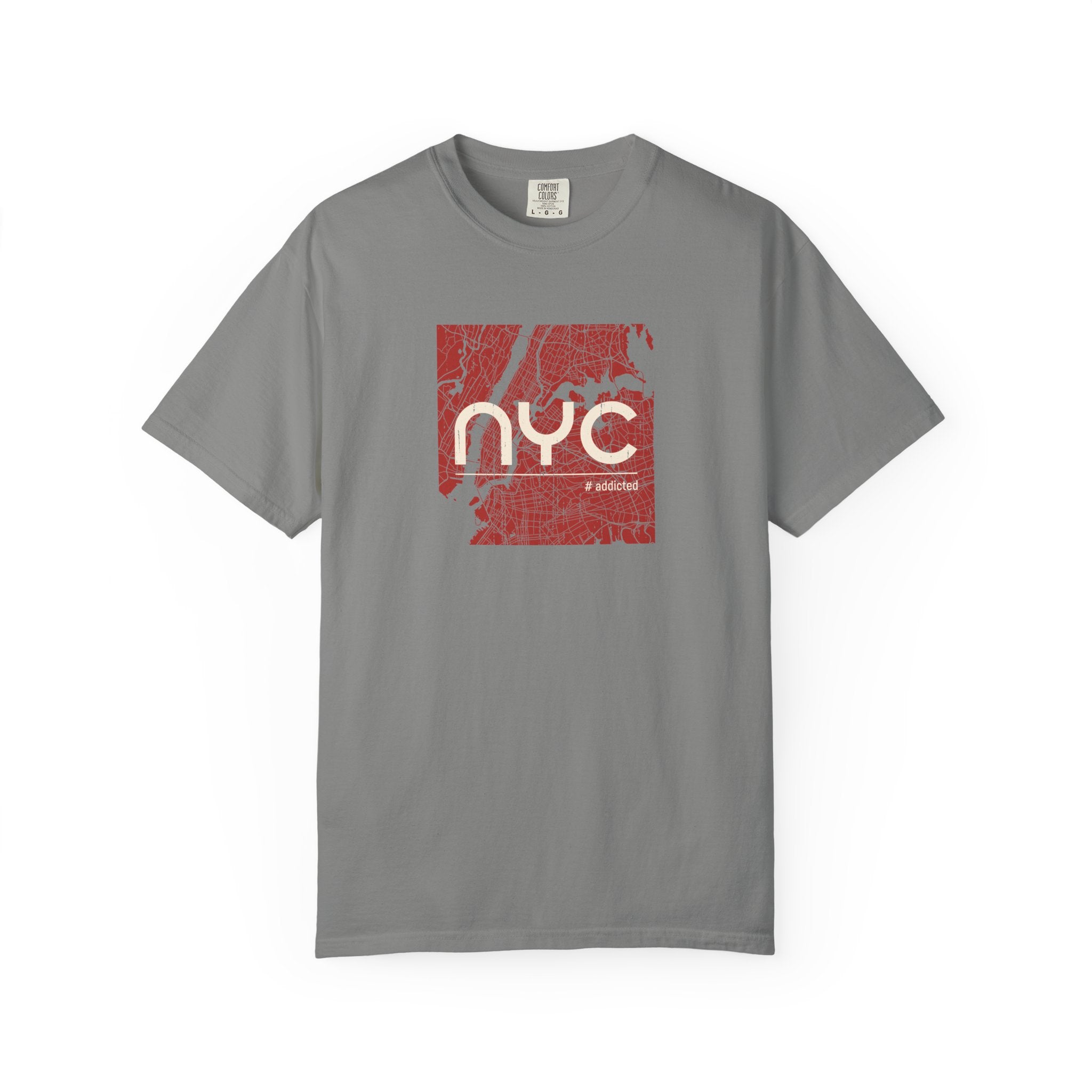 NYC Map Vintage Tee — Garment-Dyed Gray T-Shirt with Retro City Skyline Graphic