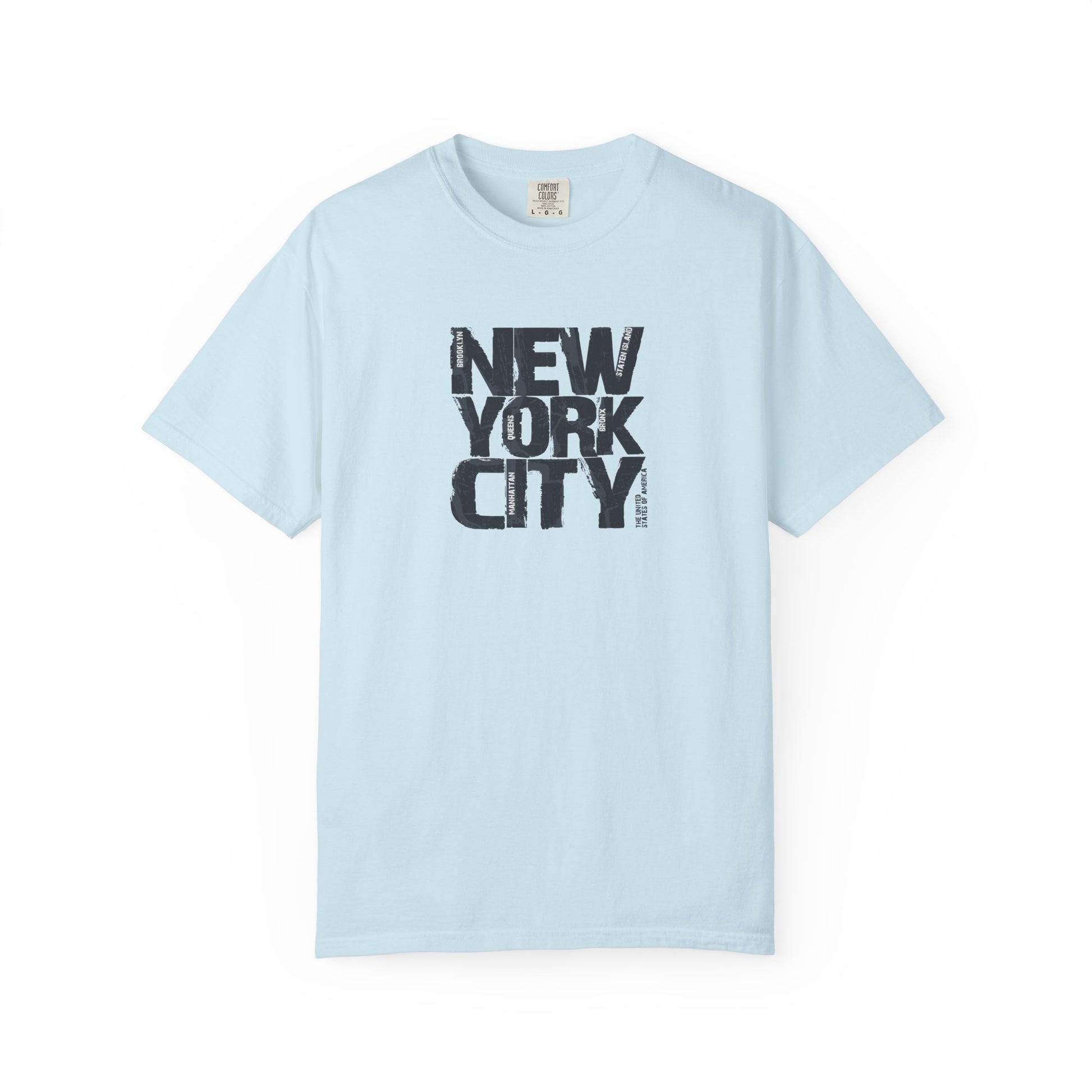 Light blue t-shirt with 'New York City' text on a white background