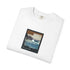White t-shirt with a graphic design of Santa Monica Beach on a white background