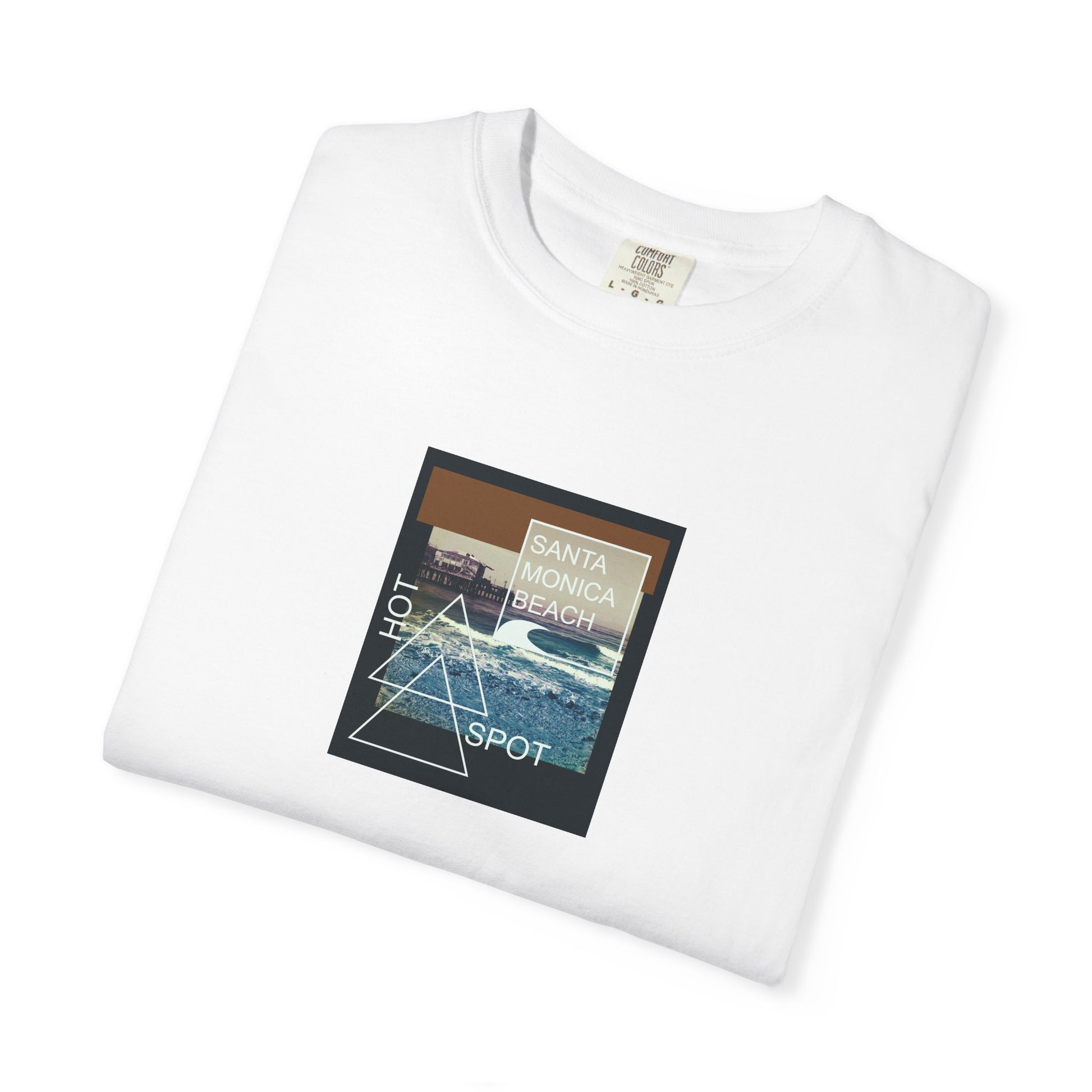 White t-shirt with a graphic design of Santa Monica Beach on a white background