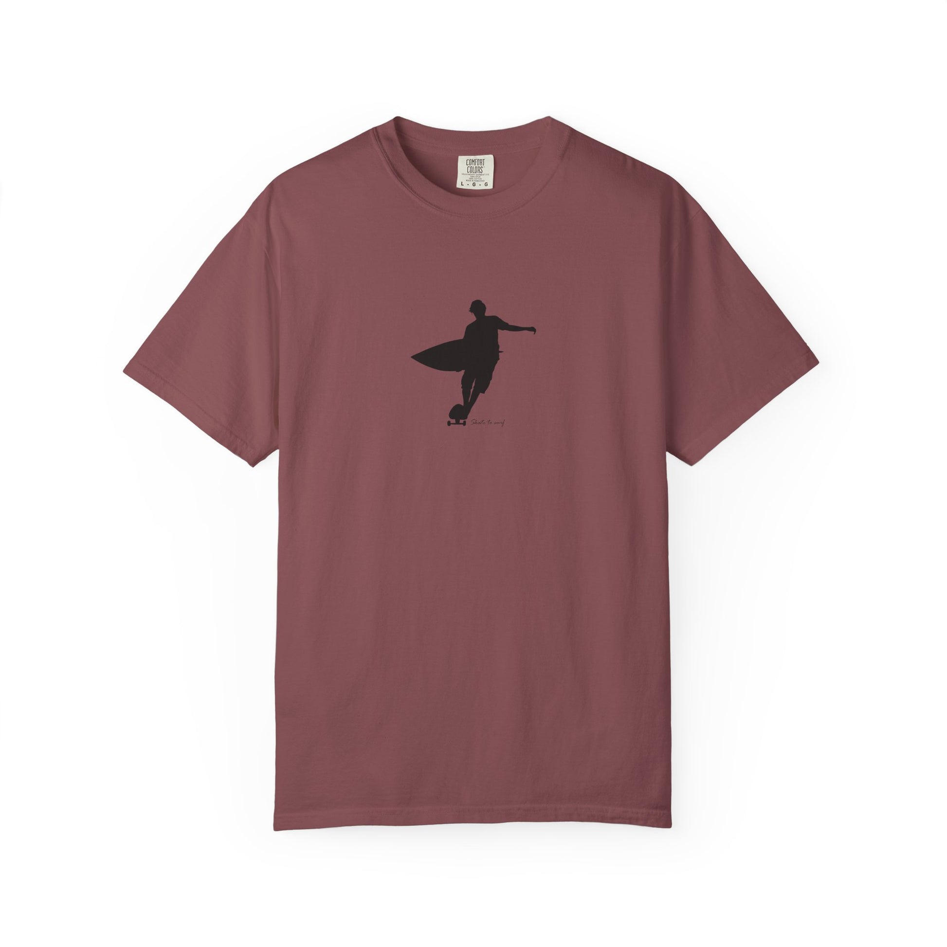 Minimal surfer silhouette graphic t-shirt with surfboard coastal surf design