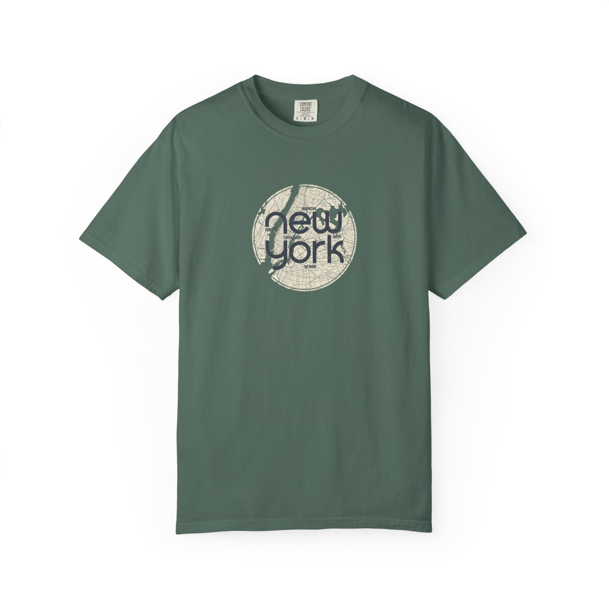 Green t-shirt with 'New York' graphic on a white background