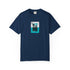 Navy blue t-shirt with a palm tree design on a white background