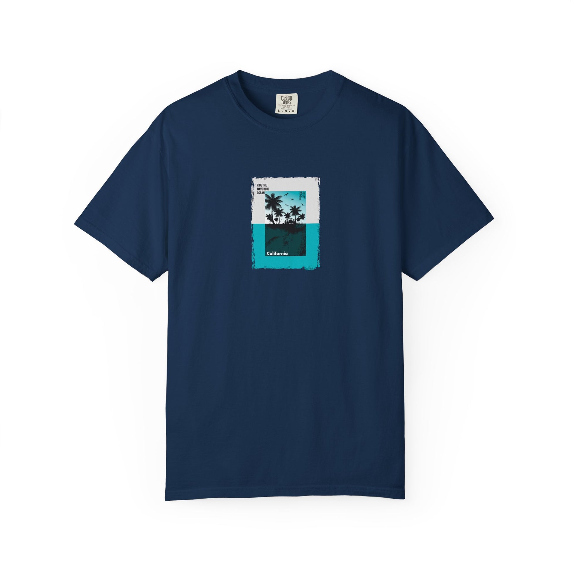 Navy blue t-shirt with a palm tree design on a white background