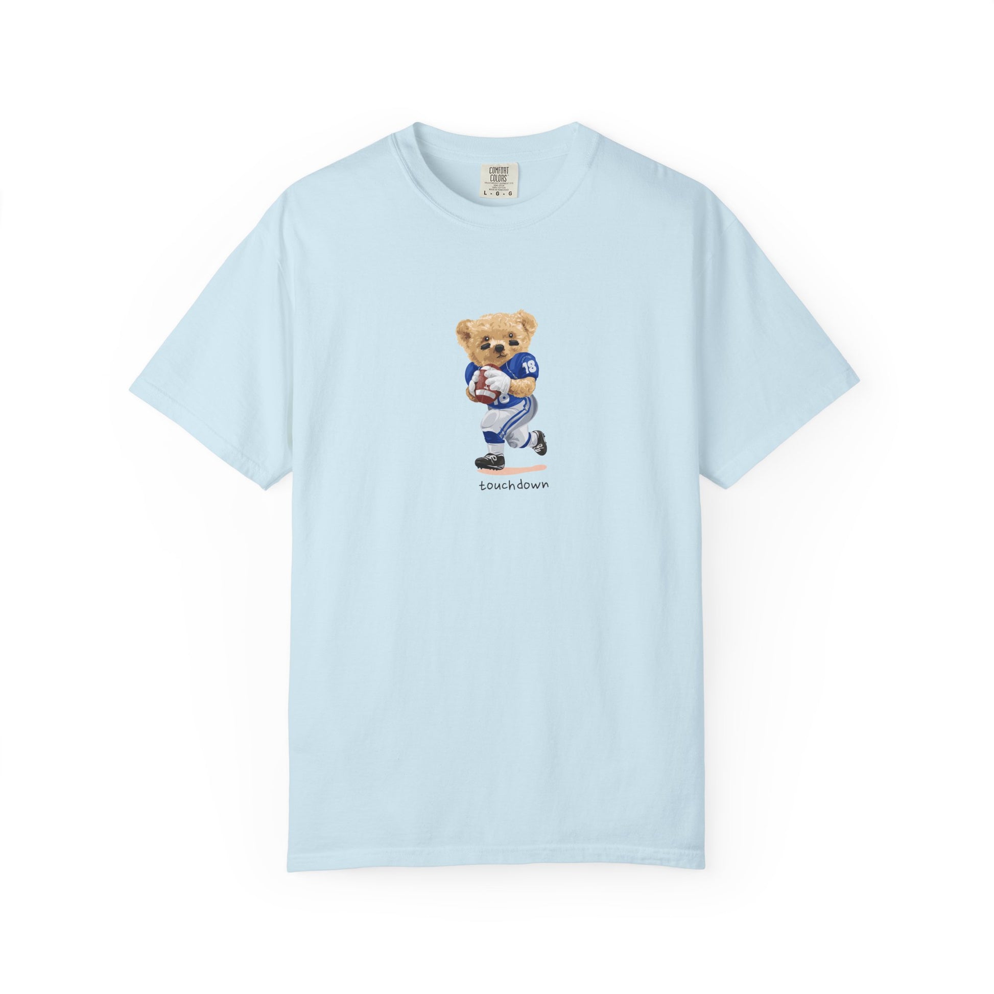 Light blue t-shirt with a teddy bear graphic on a white background