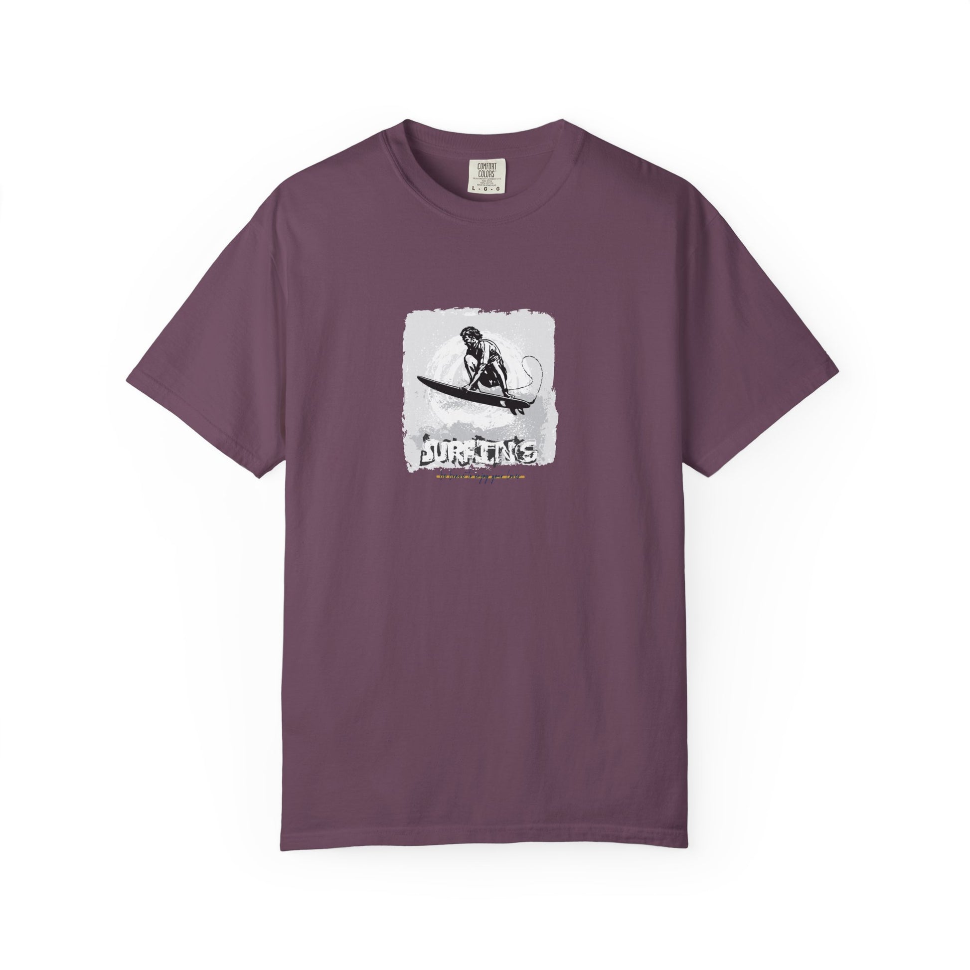 Purple t-shirt with graphic design on a white background
