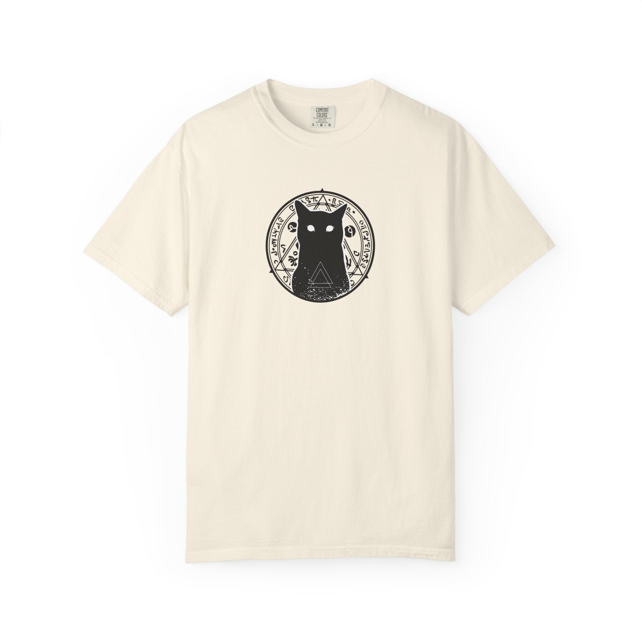 Beige t-shirt with black cat graphic design