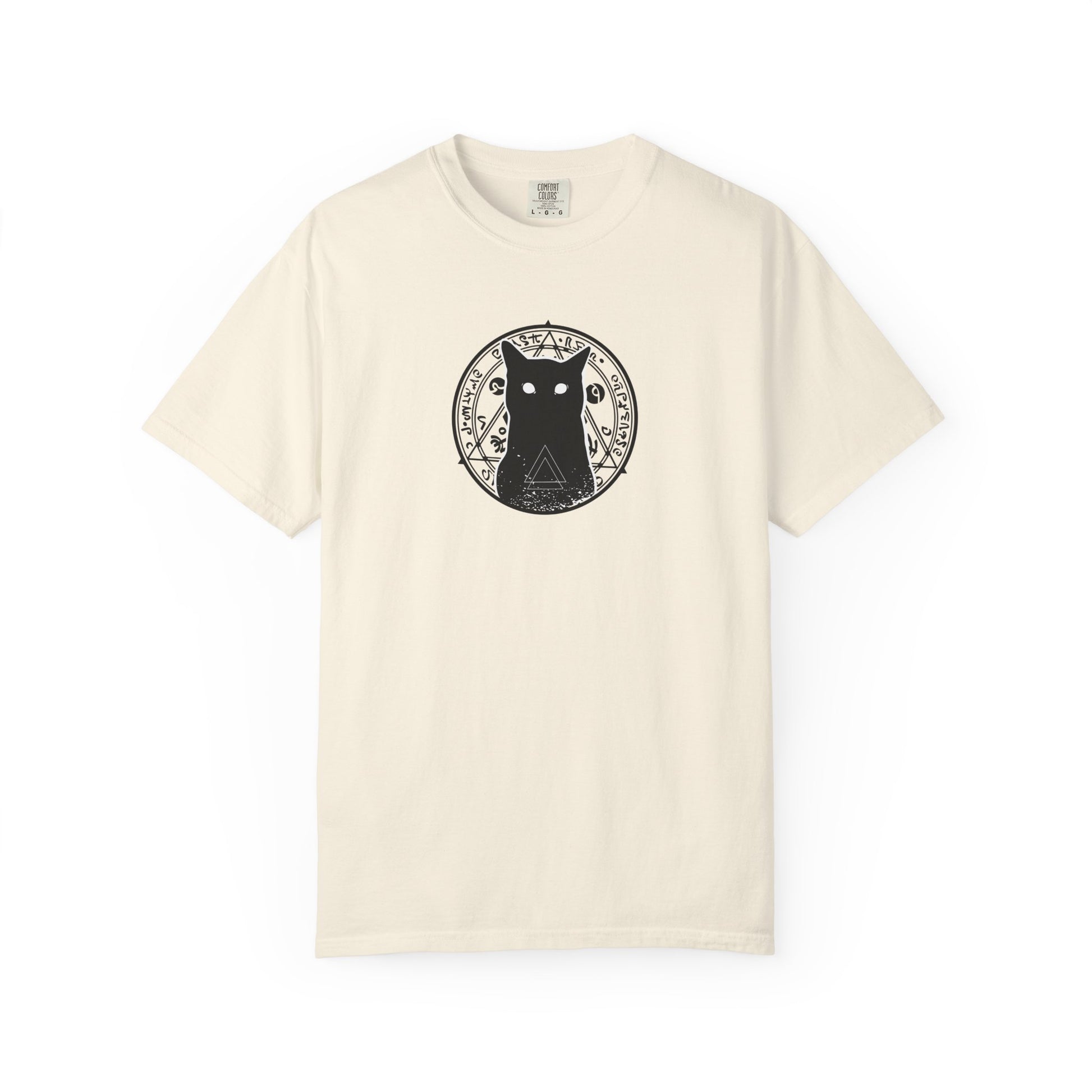 Beige t-shirt with black cat graphic design