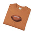 Folded brown t-shirt with football graphic and text on a white background