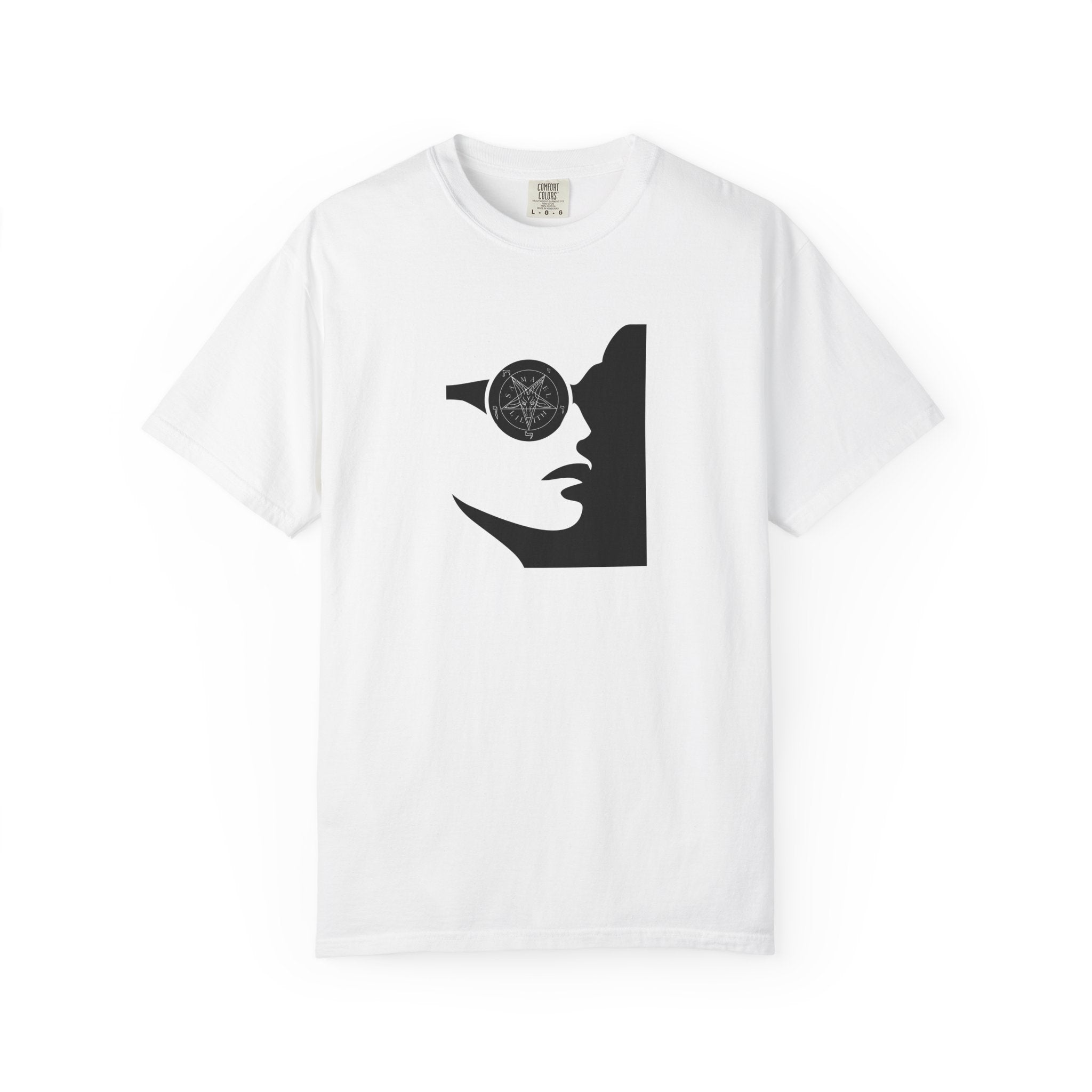 A white short-sleeve crewneck t-shirt featuring a black graphic print of a woman's profile with a pentagram symbol inside her eye, displayed on a clean white background.