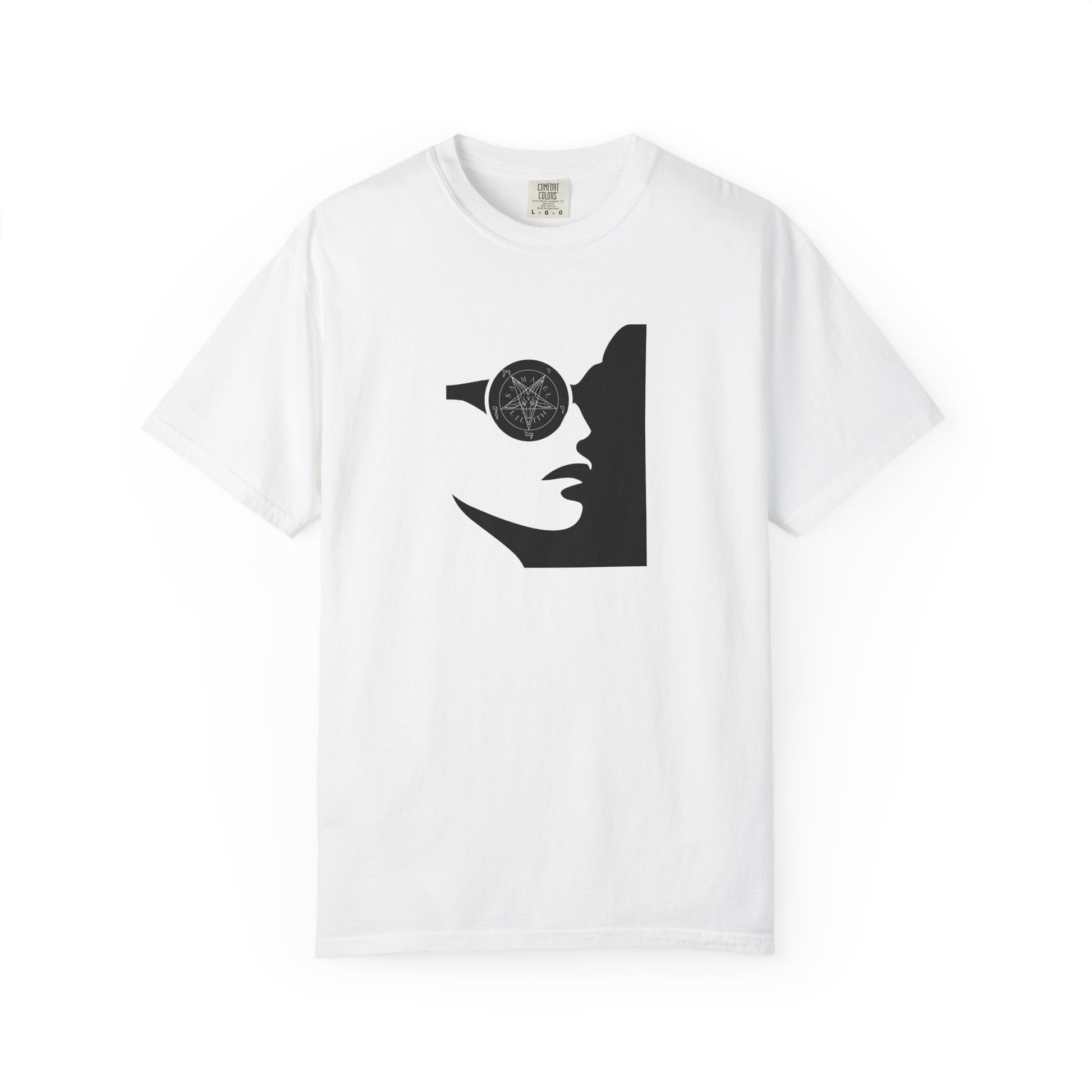 A white short-sleeve crewneck t-shirt featuring a black graphic print of a woman's profile with a pentagram symbol inside her eye, displayed on a clean white background.