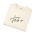 A folded cream-colored t-shirt with a black cursive 'thank you' script printed on the front, displayed on a clean white background.